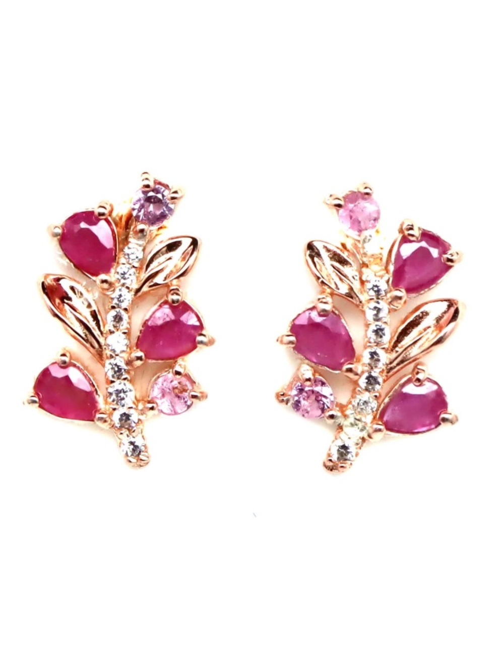 Elegant Natural Pink Ruby 2x3mm Pear & Round Floral 14K Rose Gold Stud Earrings